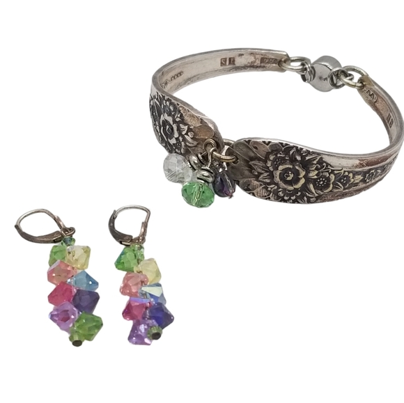 VINTAGE SILVEPLATE SPOON BRACELET WITH CRYSTALS  & 925 CRYSTAL DROP EARRINGS - Picture 1 of 12